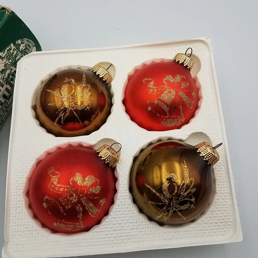 Vintage Lot 4 glass ornaments Christmas Classics Gold Red Glitter‎  w/Box